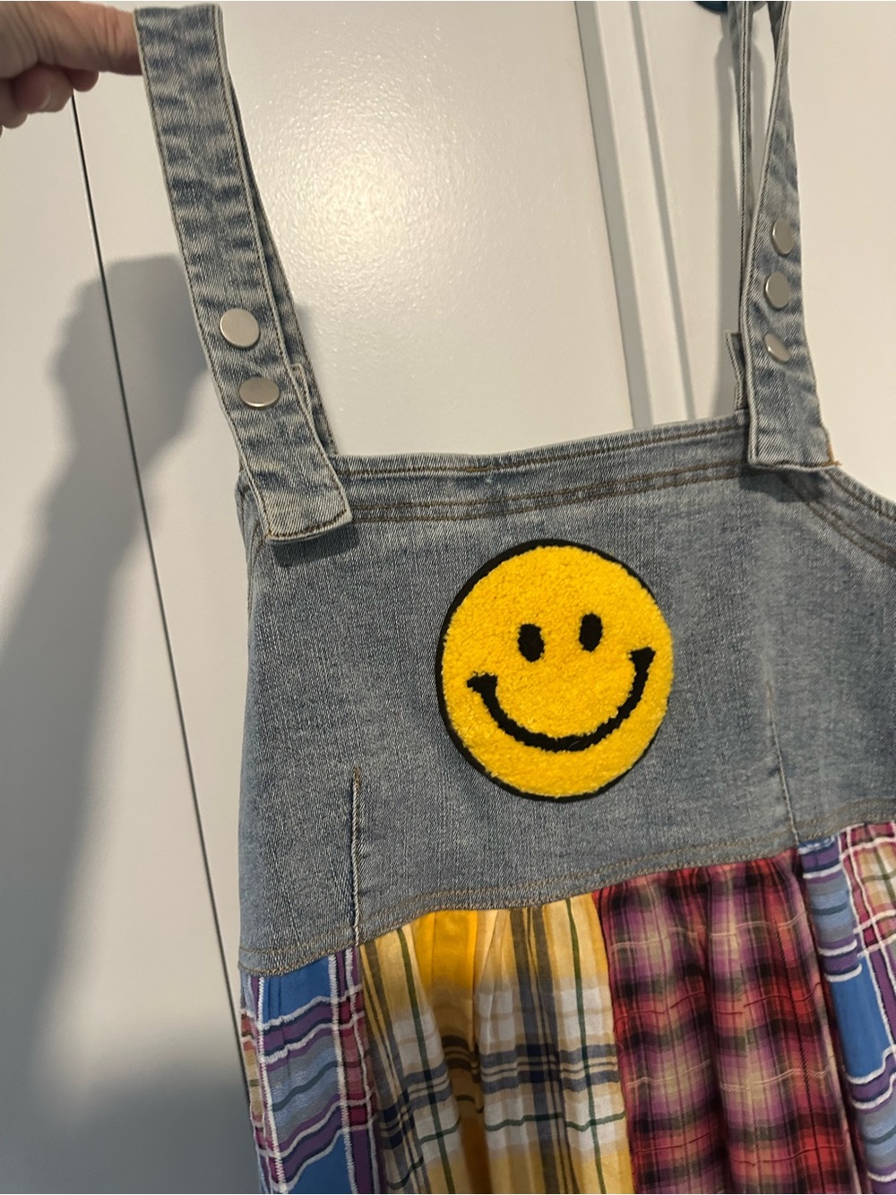 Dressed in LALA Denim Overall Dress with Yellow Smiley Patch